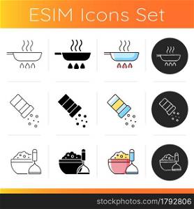 Cooking instruction icons set. Frying pan on stove. Sprinkle salt. Mashed potatoes in bowl. Culinary and cookery guide steps. Linear, black and RGB color styles. Isolated vector illustrations. Cooking instruction icons set