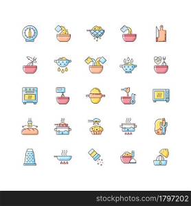 Cooking instruction RGB color icons set. Frying pan. Kitchen timer. Cook dinner and meal. Food preparation process steps. Isolated vector illustrations. Simple filled line drawings collection. Cooking instruction RGB color icons set