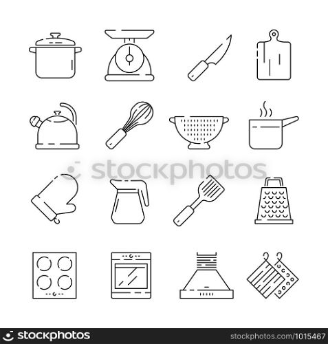 Cooking items icon. Kitchen appliances scoop pan spoons and forks plates electronic scale vector simple thin symbols. Illustration of cookware and saucepan, potholder and kitchenware. Cooking items icon. Kitchen appliances scoop pan spoons and forks plates electronic scale vector simple thin symbols