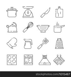 Cooking items icon. Kitchen appliances scoop pan spoons and forks plates electronic scale vector simple thin symbols. Illustration of cookware and saucepan, potholder and kitchenware. Cooking items icon. Kitchen appliances scoop pan spoons and forks plates electronic scale vector simple thin symbols