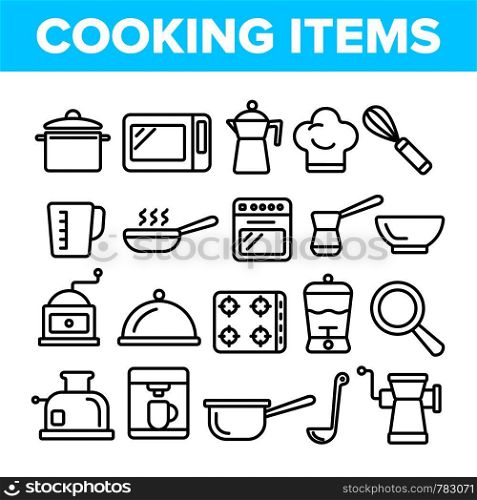 Cooking Items Vector Thin Line Icons Set. Cooking Accessories Linear Illustrations. Kitchen Equipment, Electronics Contour Symbols. Cookware, Saucepans, Bowl, Coffee Making Machines Pictograms. Cooking Items Vector Thin Line Icons Set