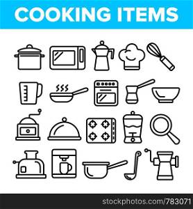 Cooking Items Vector Thin Line Icons Set. Cooking Accessories Linear Illustrations. Kitchen Equipment, Electronics Contour Symbols. Cookware, Saucepans, Bowl, Coffee Making Machines Pictograms. Cooking Items Vector Thin Line Icons Set