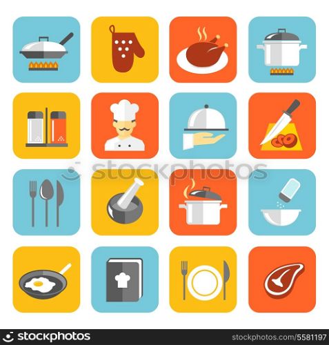 Cooking kitchen and restaurant flat icons set with pan glove chicken chef isolated vector illustration
