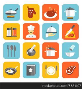 Cooking kitchen and restaurant flat icons set with pan glove chicken chef isolated vector illustration