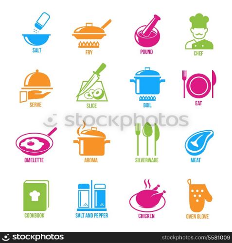 Cooking kitchen and restaurant icons set with salt fry chef serve slice boil isolated vector illustration