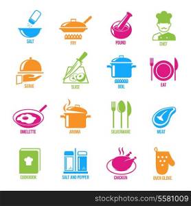 Cooking kitchen and restaurant icons set with salt fry chef serve slice boil isolated vector illustration