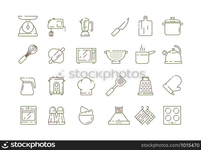 Cooking kitchen items. Knife pan spoons and forks cuisine tools microwave electronic scale vector thin line icons collection. Illustration of kitchenware utensil and cooking equipment. Cooking kitchen items. Knife pan spoons and forks cuisine tools microwave electronic scale vector thin line icons collection