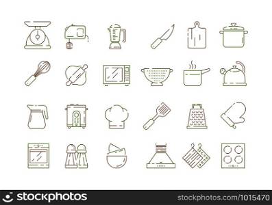 Cooking kitchen items. Knife pan spoons and forks cuisine tools microwave electronic scale vector thin line icons collection. Illustration of kitchenware utensil and cooking equipment. Cooking kitchen items. Knife pan spoons and forks cuisine tools microwave electronic scale vector thin line icons collection