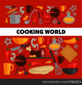 Cooking kitchen utensils and ingredients poster. Vector chef kitchenware and cutlery for food or picnic barbecue grill of saucepan with ladle spoon, whisk with rolling pin knife and fork. Cooking kitchen utensils and ingredients poster. Vector chef