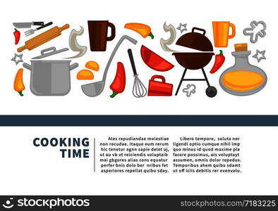 Cooking kitchen utensils and ingredients poster. Vector chef kitchenware and cutlery for food or picnic barbecue grill of saucepan with ladle spoon, whisk with rolling pin knife and fork. Cooking kitchen utensils and ingredients poster. Vector chef