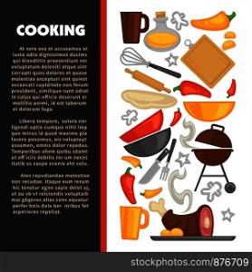 Cooking kitchen utensils and ingredients poster. Vector chef kitchenware and cutlery for food or picnic barbecue grill of saucepan with ladle spoon, whisk with rolling pin knife and fork. Vector cooking utensils and ingredients