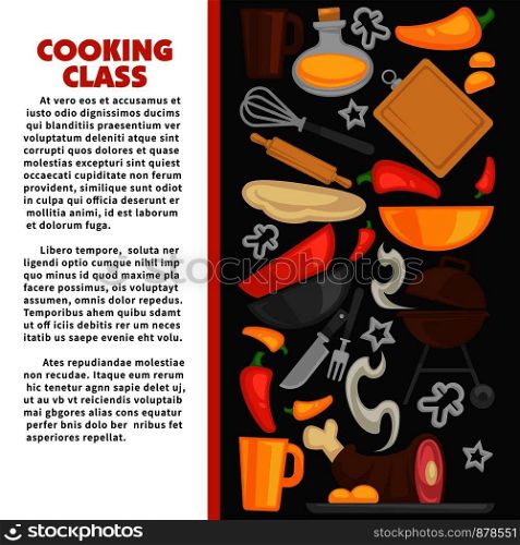 Cooking kitchen utensils and ingredients poster. Vector chef kitchenware and cutlery for food or picnic barbecue grill of saucepan with ladle spoon, whisk with rolling pin knife and fork. Cooking kitchen utensils and ingredients poster. Vector chef