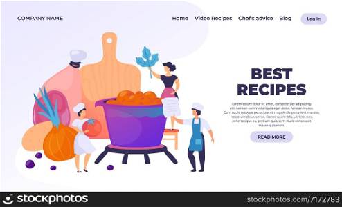 Cooking landing page. Professional chef cartoon character preparing dinner, restaurant culinary website. Vector cooking webpage or banner traditional cooking. Cooking landing page. Professional chef cartoon character preparing dinner, restaurant culinary website. Vector cooking webpage