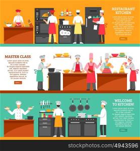 Cooking Master Class Horizontal Banners. Professional cooking horizontal banners set with restaurant kitchen and master class compositions flat vector illustration