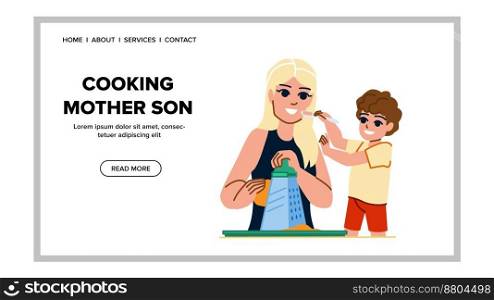 cooking mother son vector. kitchen child, family food, woma, home, fun young, parent cooking mother son web flat cartoon illustration. cooking mother son vector