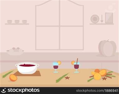 Cooking mulled wine flat color vector illustration. Preparing homemade alcoholic drink. Hot punch. Home kitchen with cooking ingredients 2D cartoon interior with no people on background. Cooking mulled wine flat color vector illustration