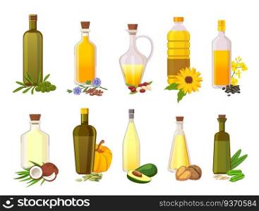 Cooking oil bottles. Natural vegetable, olive, sunflower, avocado and coconut virgin organic oils in glass with ingredient plants vector set. Illustration bottle olive or avocado oil. Cooking oil bottles. Natural vegetable, olive, sunflower, avocado and coconut virgin organic oils in glass with ingredient plants vector set