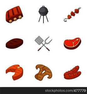 Cooking on barbecue icons set. Cartoon set of 9 cooking on barbecue vector icons for web isolated on white background. Cooking on barbecue icons set, cartoon style