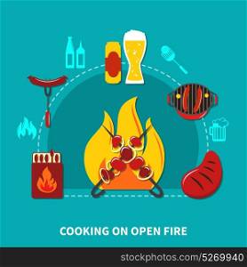 Cooking On Open Fire. Illustration with cooking on open fire with necessary objects and foods vector illustration