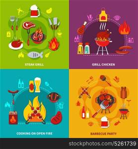 Cooking On Open Fire Steak Grill And Grill chiken On Barbecue Party. Set with different cartoons concerning cooking on open fire steak grill and grill chiken on barbecue party vector illustration