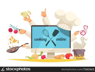 Cooking online concept with chef workshop symbols flat vector illustration
