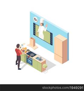 Cooking online. Preparing food broadcasting lesson chef teaching in kitchen online vector isometric concept. Illustration cooking online, kitchen application and homemade. Cooking online. Preparing food broadcasting lesson chef teaching in kitchen online vector isometric concept