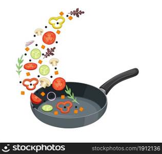 cooking pan with vegetables. Healthy food concept. Vegetables are flying out of the pan isolated on white background. Vector illustration in flat style. cooking pan with vegetables
