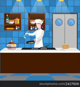 Cooking people composition with man who is cooking pancakes in the kitchen in a restaurant vector illustration. Cooking People Composition