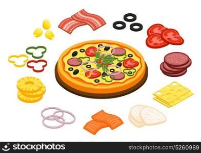 Cooking Pizza Concept. Cooking pizza concept with pineapple olives and cheese flat isolated vector illustration