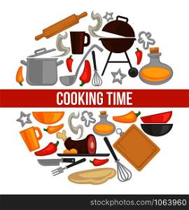 Cooking point poster with kitchenware and grill. Cutlery set, deep bowls, bottle of oil, chili pepper, cutting board, metal saucepan, big ladle, fresh dough and cookie shapes vector illustrations.. Cooking point poster with kitchenware and grill. Cutlery set