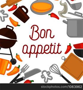 Cooking point poster with kitchenware and grill. Cutlery set, deep bowls, bottle of oil, chili pepper, cutting board, metal saucepan, big ladle, fresh dough and cookie shapes vector illustrations.. Cooking point poster with kitchenware and grill. Cutlery set