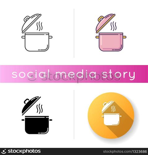 Cooking pot icon. Recipe for casserole. Saucepan with steam. Cute kitchenware. Open pan lid. Hot boiling soup. Cuisine, culinary. Linear black and RGB color styles. Isolated vector illustrations