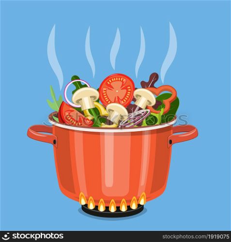 Cooking pot on stove with vegetables, mushrooms and steam. Boiling water in pan. Saucepan with tomatoes, peppers, onions, parsley. Vector illustration in flat style. Cooking pot on stove with vegetables,