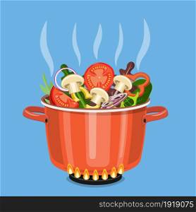 Cooking pot on stove with vegetables, mushrooms and steam. Boiling water in pan. Saucepan with tomatoes, peppers, onions, parsley. Vector illustration in flat style. Cooking pot on stove with vegetables,