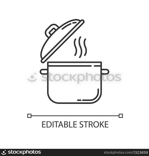 Cooking pot pixel perfect linear icon. Recipe for casserole. Saucepan with steam. Thin line customizable illustration. Contour symbol. Vector isolated outline drawing. Editable stroke