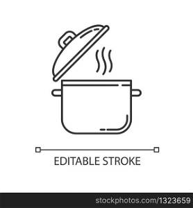 Cooking pot pixel perfect linear icon. Recipe for casserole. Saucepan with steam. Thin line customizable illustration. Contour symbol. Vector isolated outline drawing. Editable stroke