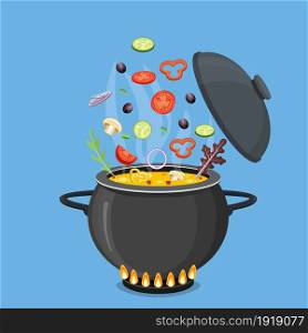 Cooking pot with vegetables and mushrooms. Pan with tomatoes, peppers, onions, parsley, olives. Vector illustration in flat style. Cooking pot with vegetables and mushrooms.