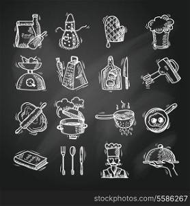 Cooking process delicious food sketch chalkboard icons set isolated vector illustration