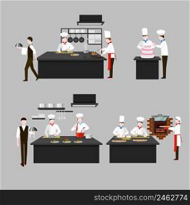 Cooking process in restaurant kitchen. Chef fry and cook, character people, waiter confectioner scullion. Vector flat illustration. Cooking process in restaurant kitchen