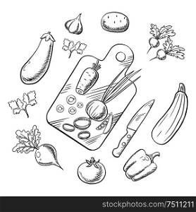 Cooking process of a vegetarian salad with knife, chopping board and tomato, carrot and pea, onion and potato, bell pepper, garlic and radish, beet and eggplant, zucchini and parsley vegetables. Cooking a vegetable salad, sketch icons