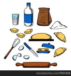 Cooking process of kneading dough with icons of dough, milk, butter, eggs, flour and kitchen utensil. Cooking process of kneading dough