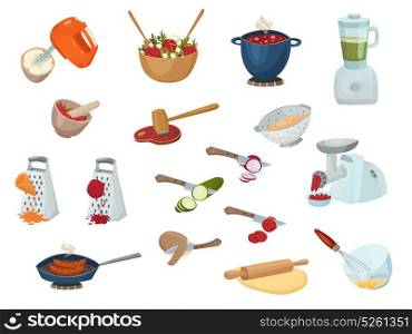 Cooking Process Set. Cooking process set with kitchen stuff meat grinder whisk mortar grater rolling pin for dough isolated vector illustration