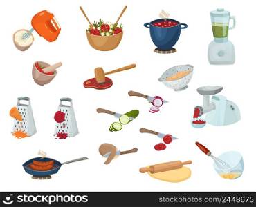 Cooking process set with kitchen stuff meat grinder whisk mortar grater rolling pin for dough isolated vector illustration. Cooking Process Set