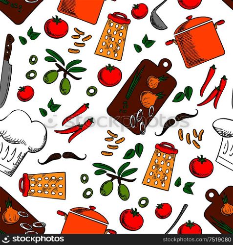 Cooking products and kitchen utensils seamless background. Wallpaper with vector pattern icons of pepper, tomato, olives, saucepan, sliced onion, knife, grater, chef cap, mustaches. Cooking and kitchen utensils seamless background