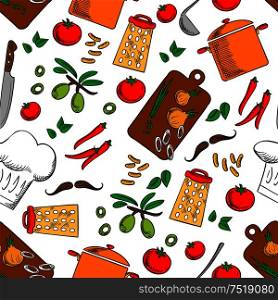 Cooking products and kitchen utensils seamless background. Wallpaper with vector pattern icons of pepper, tomato, olives, saucepan, sliced onion, knife, grater, chef cap, mustaches. Cooking and kitchen utensils seamless background