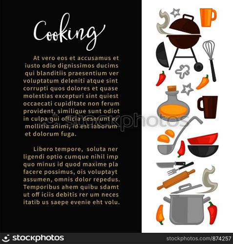 Cooking promo banner with kitchenware and sample text. Hot grill, metal saucepan, deep bowls, convenient cutlery, bottle of oil and chili pepper cartoon flat vector illustrations on commercial poster.. Cooking promo banner with kitchenware and sample text