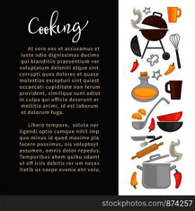 Cooking promo banner with kitchenware and sample text. Hot grill, metal saucepan, deep bowls, convenient cutlery, bottle of oil and chili pepper cartoon flat vector illustrations on commercial poster.. Cooking promo banner with kitchenware and sample text