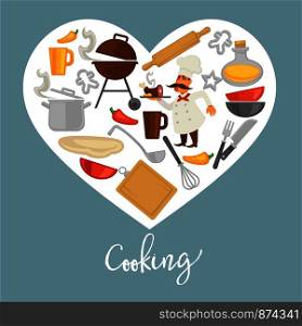 Cooking promo poster with kitchenware and chef inside heart. Hot grill, metal saucepan, ceramic dishware, wooden cutting board and rolling pin, convenient cutlery and fresh dough vector illustrations.. Cooking promo poster with kitchenware and chef inside heart