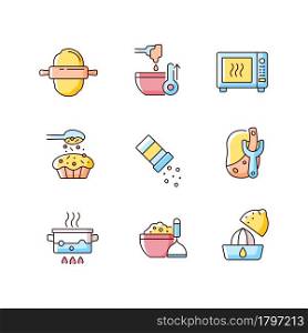 Cooking RGB color icons set. Cookery steps. Homemade meals. Recipe for dinner. Bake dessert. Food preparation instructions. Isolated vector illustrations. Simple filled line drawings collection. Cooking RGB color icons set