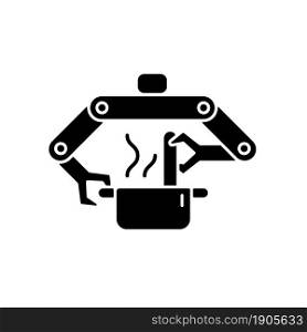 Cooking robots black glyph icon. Robotic kitchen. Automatic restaurant meals making. Robotic chef. Innovative technology. Silhouette symbol on white space. Vector isolated illustration. Cooking robots black glyph icon